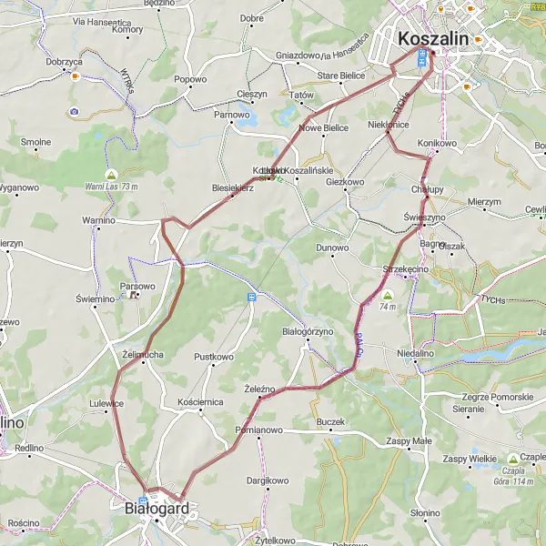 Miniatura mapy "Trasa rowerowa przez Białogard i Stare Bielice" - trasy rowerowej w Zachodniopomorskie, Poland. Wygenerowane przez planer tras rowerowych Tarmacs.app