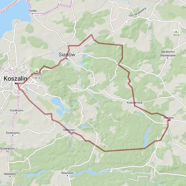 Map miniature of "Kościernica Gravel Adventure" cycling inspiration in Zachodniopomorskie, Poland. Generated by Tarmacs.app cycling route planner