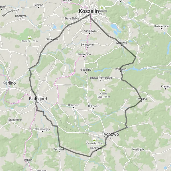 Map miniature of "Koszalin Loop" cycling inspiration in Zachodniopomorskie, Poland. Generated by Tarmacs.app cycling route planner