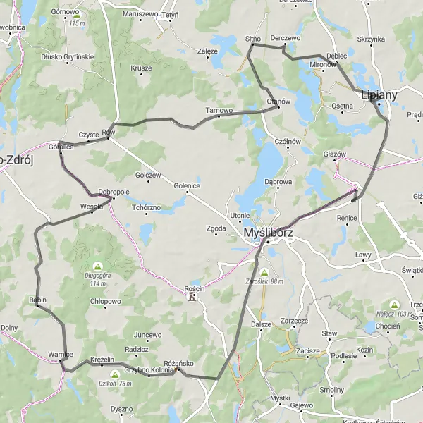 Map miniature of "Zaroślak to Wzgórze Napoleona Loop" cycling inspiration in Zachodniopomorskie, Poland. Generated by Tarmacs.app cycling route planner