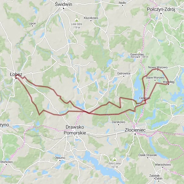 Map miniature of "Łobez to Nowe Worowo Gravel Route" cycling inspiration in Zachodniopomorskie, Poland. Generated by Tarmacs.app cycling route planner