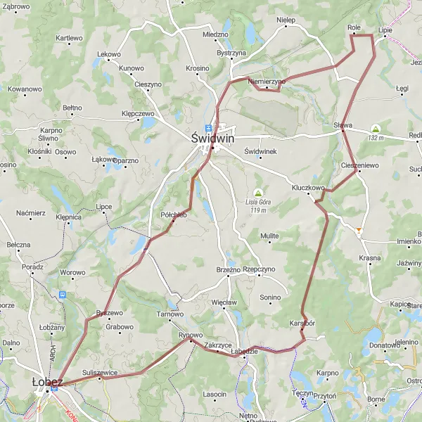 Miniatura mapy "Szlak przez Niegrzebię i Cieszyniewo" - trasy rowerowej w Zachodniopomorskie, Poland. Wygenerowane przez planer tras rowerowych Tarmacs.app