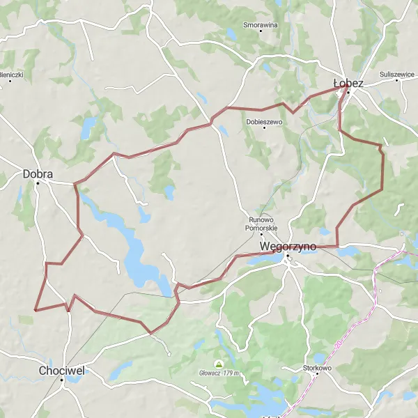 Map miniature of "Łobez - Przytoń - Rekowo - Unimie" cycling inspiration in Zachodniopomorskie, Poland. Generated by Tarmacs.app cycling route planner