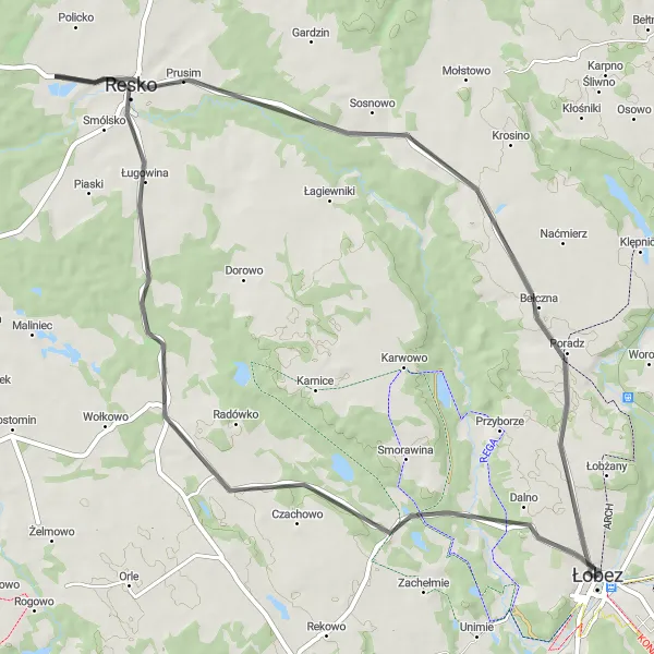Map miniature of "Łobez - Strzmiele - Resko - Sosnowo - Łobez" cycling inspiration in Zachodniopomorskie, Poland. Generated by Tarmacs.app cycling route planner