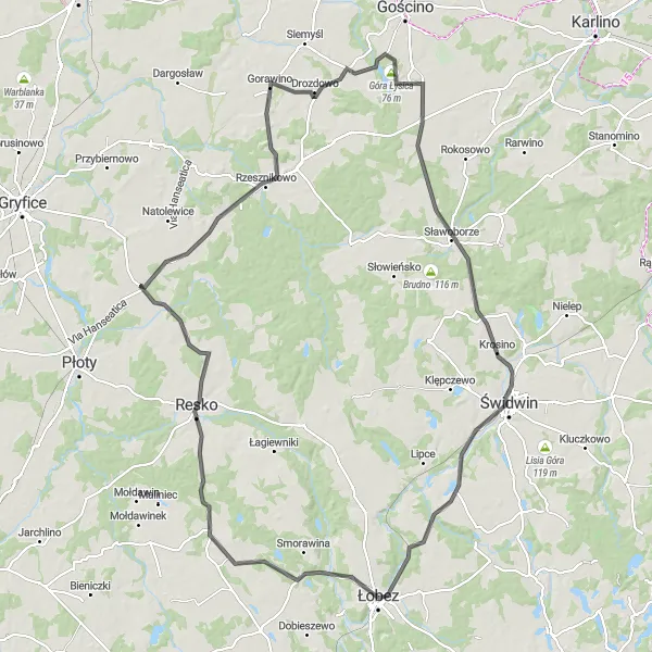 Map miniature of "Świdwin Hill Challenge" cycling inspiration in Zachodniopomorskie, Poland. Generated by Tarmacs.app cycling route planner