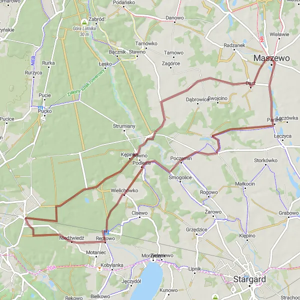 Map miniature of "Gravel Adventure near Maszewo" cycling inspiration in Zachodniopomorskie, Poland. Generated by Tarmacs.app cycling route planner