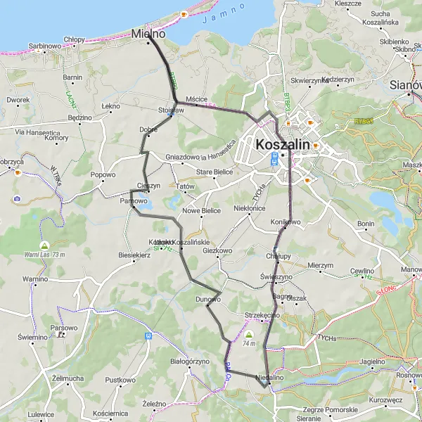 Miniatura mapy "Trasa Road Mielno" - trasy rowerowej w Zachodniopomorskie, Poland. Wygenerowane przez planer tras rowerowych Tarmacs.app