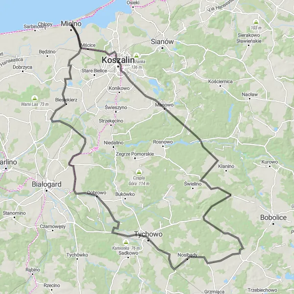 Map miniature of "Mielno-Koszalin Road Cycling Challenge" cycling inspiration in Zachodniopomorskie, Poland. Generated by Tarmacs.app cycling route planner