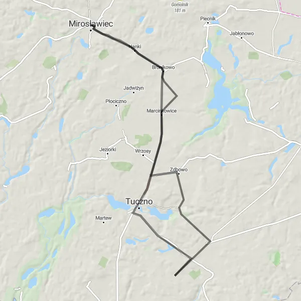 Map miniature of "Road Route to Marcinkowice and Tuczno" cycling inspiration in Zachodniopomorskie, Poland. Generated by Tarmacs.app cycling route planner