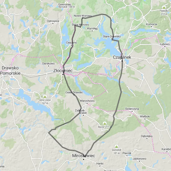 Map miniature of "Road Route to Złocieniec and Drawsko" cycling inspiration in Zachodniopomorskie, Poland. Generated by Tarmacs.app cycling route planner