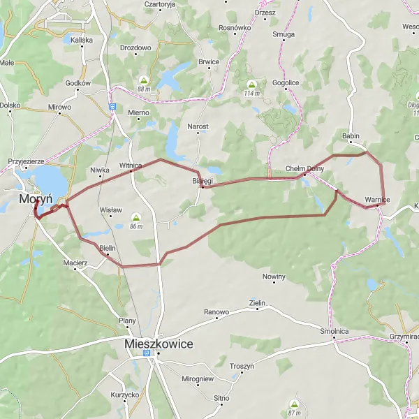 Map miniature of "Gravel Route from Moryń to Gądno and Chełm Dolny" cycling inspiration in Zachodniopomorskie, Poland. Generated by Tarmacs.app cycling route planner