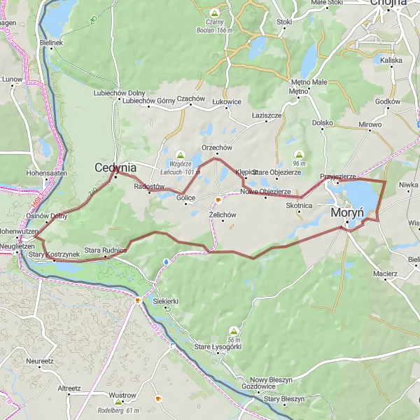 Miniatura mapy "Trasa gravelowa przez Moryń i Cedynię" - trasy rowerowej w Zachodniopomorskie, Poland. Wygenerowane przez planer tras rowerowych Tarmacs.app