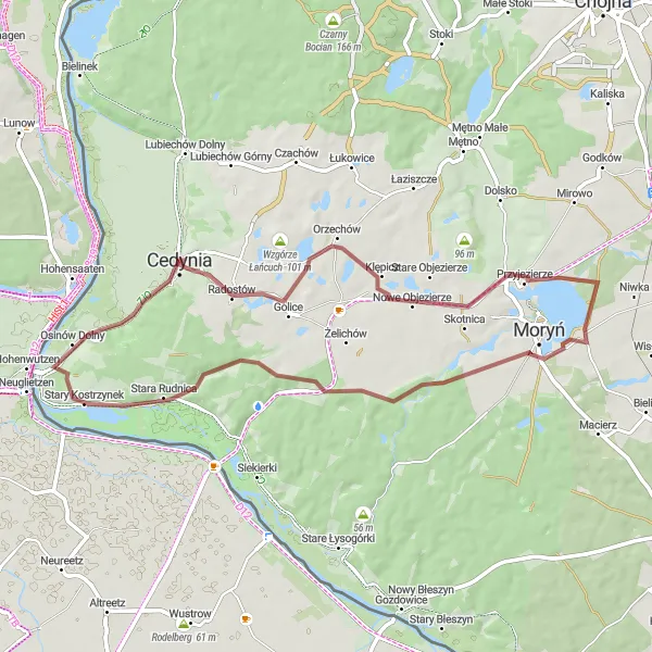 Map miniature of "Cedynia Gravel Escape" cycling inspiration in Zachodniopomorskie, Poland. Generated by Tarmacs.app cycling route planner