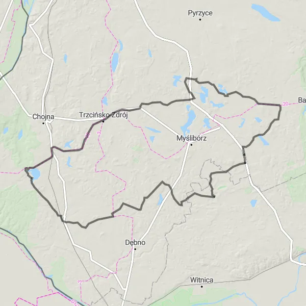 Map miniature of "The Morzycko Lake Loop" cycling inspiration in Zachodniopomorskie, Poland. Generated by Tarmacs.app cycling route planner