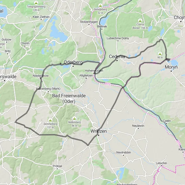 Map miniature of "Road Route from Przyjezierze to Jezioro Morzycko" cycling inspiration in Zachodniopomorskie, Poland. Generated by Tarmacs.app cycling route planner