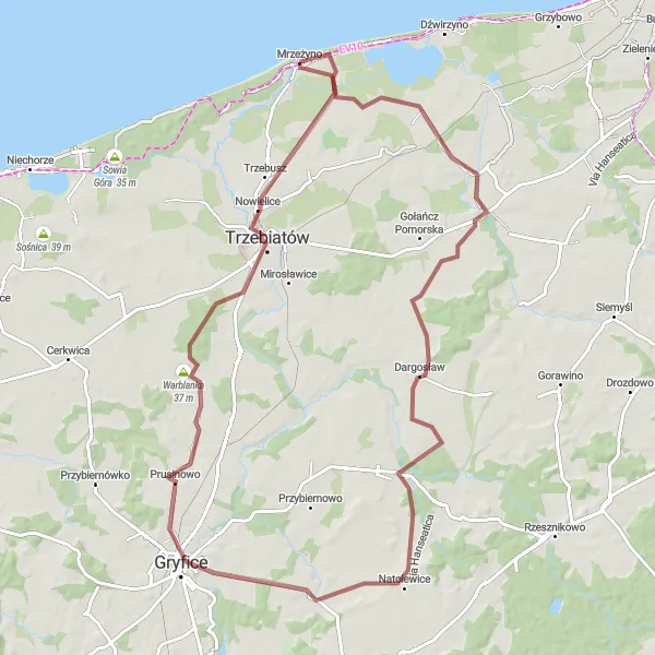 Map miniature of "Golden Route to Gryfice" cycling inspiration in Zachodniopomorskie, Poland. Generated by Tarmacs.app cycling route planner