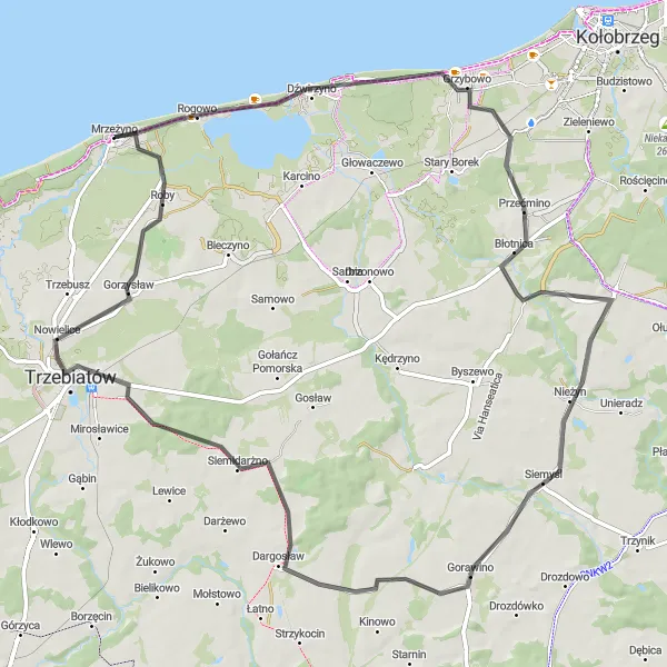 Map miniature of "Mrzeżyno Road Cycling Route" cycling inspiration in Zachodniopomorskie, Poland. Generated by Tarmacs.app cycling route planner