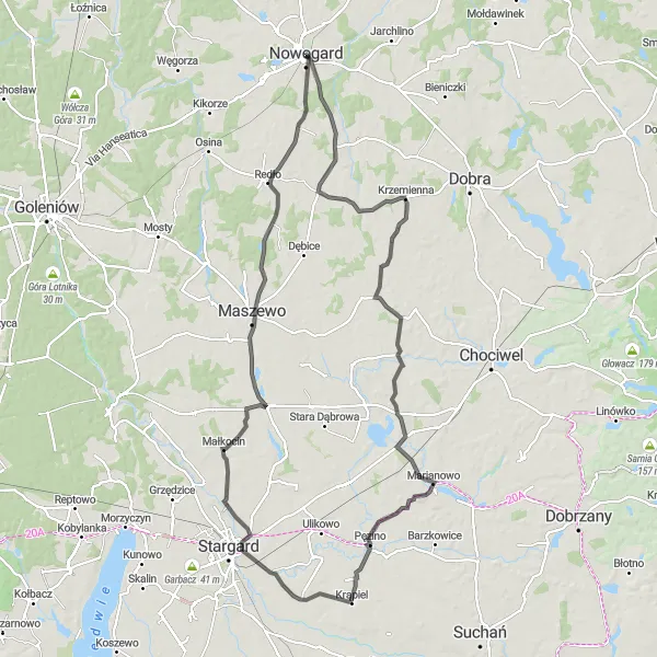 Map miniature of "Nature and Heritage: Nowogard to Storkówko" cycling inspiration in Zachodniopomorskie, Poland. Generated by Tarmacs.app cycling route planner
