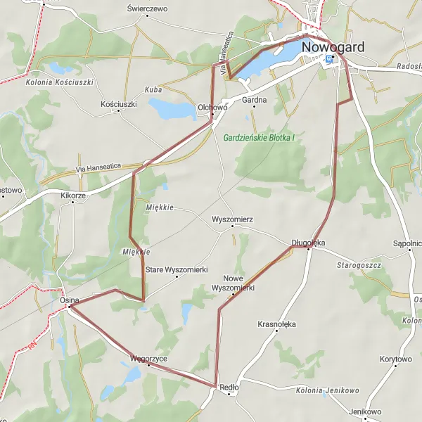 Map miniature of "The Olchowo Loop" cycling inspiration in Zachodniopomorskie, Poland. Generated by Tarmacs.app cycling route planner