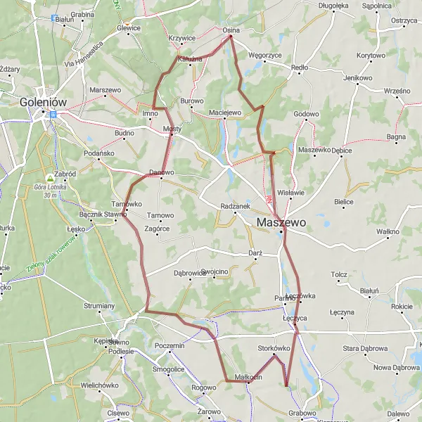 Map miniature of "Osina - Maszewo - Storkówko - Mosty Round-Trip" cycling inspiration in Zachodniopomorskie, Poland. Generated by Tarmacs.app cycling route planner