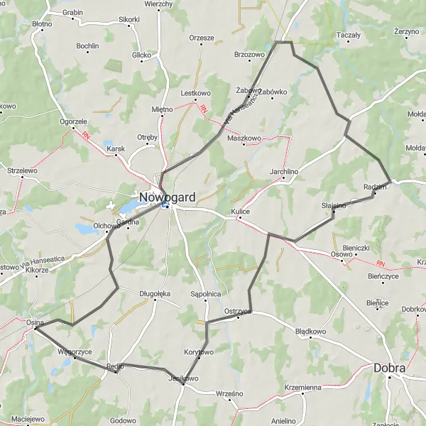 Miniatura mapy "Trasa szosowa Nowogard-Łosośnica-Ostrzyca-Osina" - trasy rowerowej w Zachodniopomorskie, Poland. Wygenerowane przez planer tras rowerowych Tarmacs.app