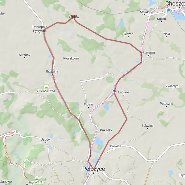 Map miniature of "Pełczyce to Bolewice Loop" cycling inspiration in Zachodniopomorskie, Poland. Generated by Tarmacs.app cycling route planner
