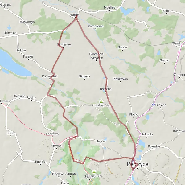 Map miniature of "Pełczyce to Brzezina Loop" cycling inspiration in Zachodniopomorskie, Poland. Generated by Tarmacs.app cycling route planner