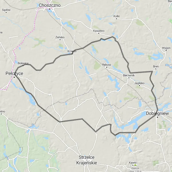 Map miniature of "Pełczyce Loop" cycling inspiration in Zachodniopomorskie, Poland. Generated by Tarmacs.app cycling route planner