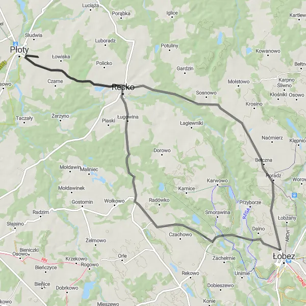 Map miniature of "Road Cycling Delight" cycling inspiration in Zachodniopomorskie, Poland. Generated by Tarmacs.app cycling route planner