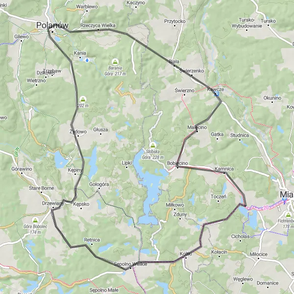 Map miniature of "Polanów to Czerwony Most Loop" cycling inspiration in Zachodniopomorskie, Poland. Generated by Tarmacs.app cycling route planner