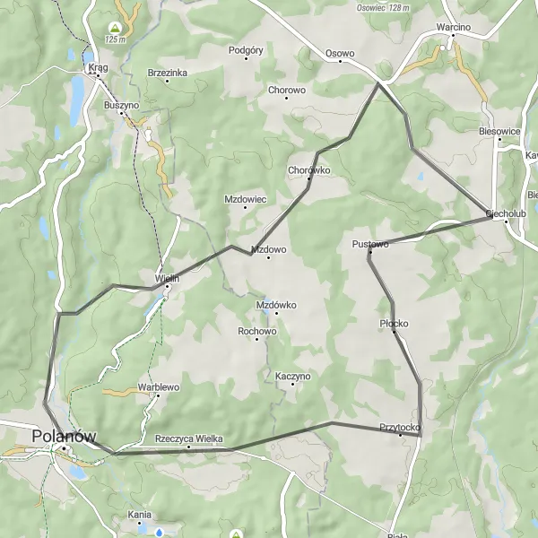 Map miniature of "Polanów Countryside Loop" cycling inspiration in Zachodniopomorskie, Poland. Generated by Tarmacs.app cycling route planner