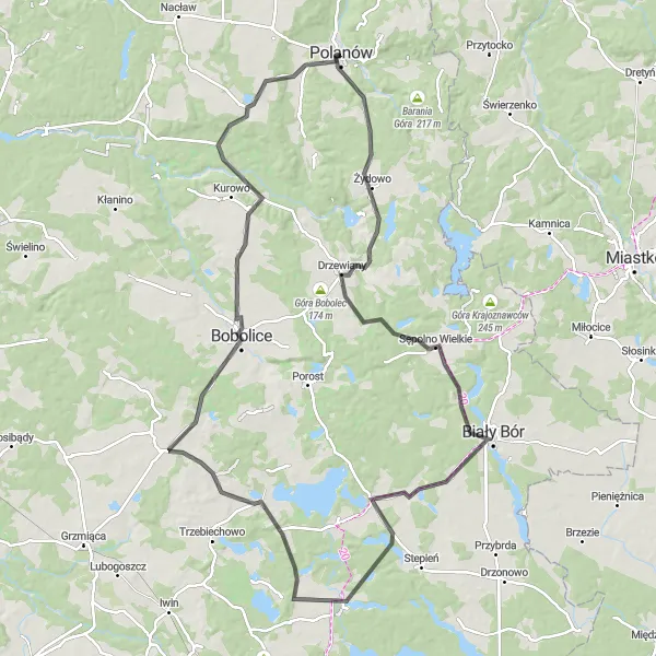 Map miniature of "Polanów to Bobolice Adventure" cycling inspiration in Zachodniopomorskie, Poland. Generated by Tarmacs.app cycling route planner