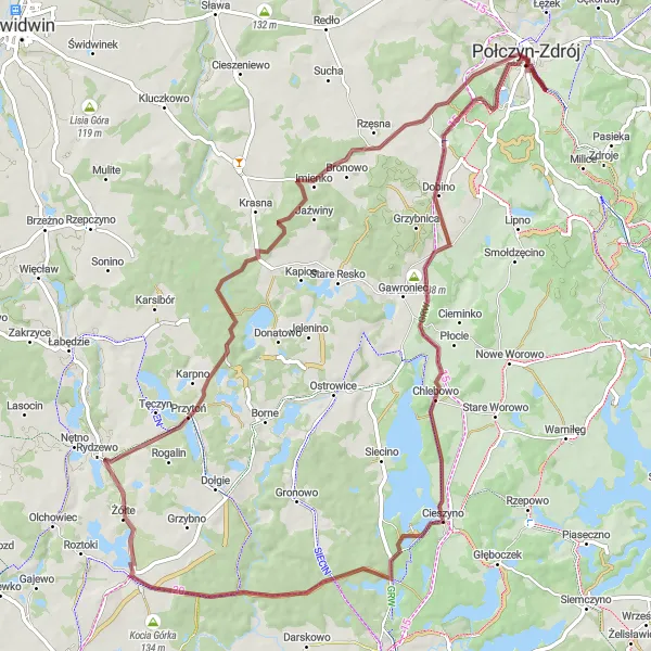 Map miniature of "Lake and Forest Gravel Ride" cycling inspiration in Zachodniopomorskie, Poland. Generated by Tarmacs.app cycling route planner