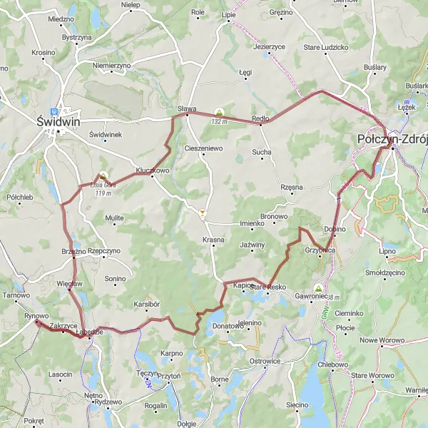 Map miniature of "Lakes and Countryside Gravel Ride" cycling inspiration in Zachodniopomorskie, Poland. Generated by Tarmacs.app cycling route planner