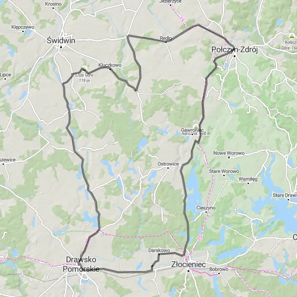 Map miniature of "Drawsko loop" cycling inspiration in Zachodniopomorskie, Poland. Generated by Tarmacs.app cycling route planner