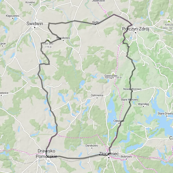 Miniatura mapy "Trasa szosowa do Połczyna-Zdroju" - trasy rowerowej w Zachodniopomorskie, Poland. Wygenerowane przez planer tras rowerowych Tarmacs.app