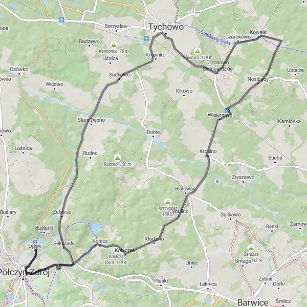 Map miniature of "Góra Kołacza Adventure" cycling inspiration in Zachodniopomorskie, Poland. Generated by Tarmacs.app cycling route planner