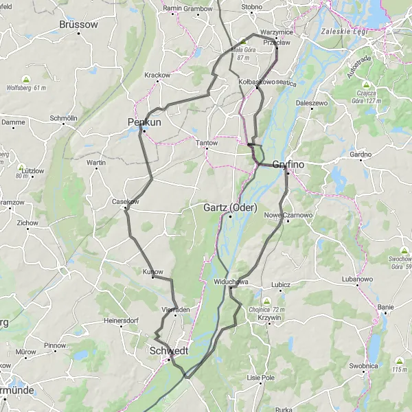 Map miniature of "Przecław - Mescherin Circular Route" cycling inspiration in Zachodniopomorskie, Poland. Generated by Tarmacs.app cycling route planner