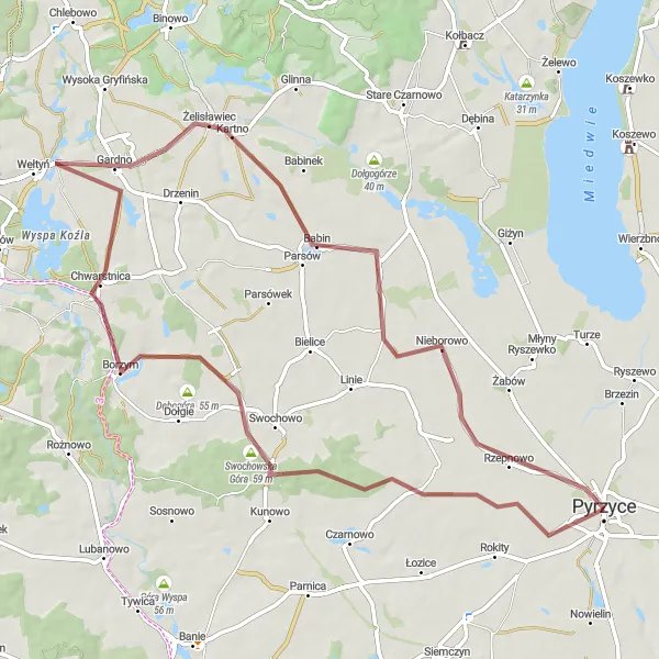 Miniatura mapy "Przygoda wśród żwirowych szlaków" - trasy rowerowej w Zachodniopomorskie, Poland. Wygenerowane przez planer tras rowerowych Tarmacs.app