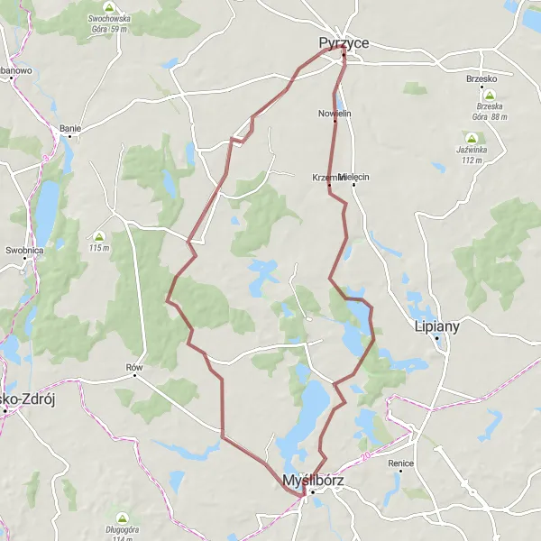 Map miniature of "Nowielin Gravel Loop" cycling inspiration in Zachodniopomorskie, Poland. Generated by Tarmacs.app cycling route planner