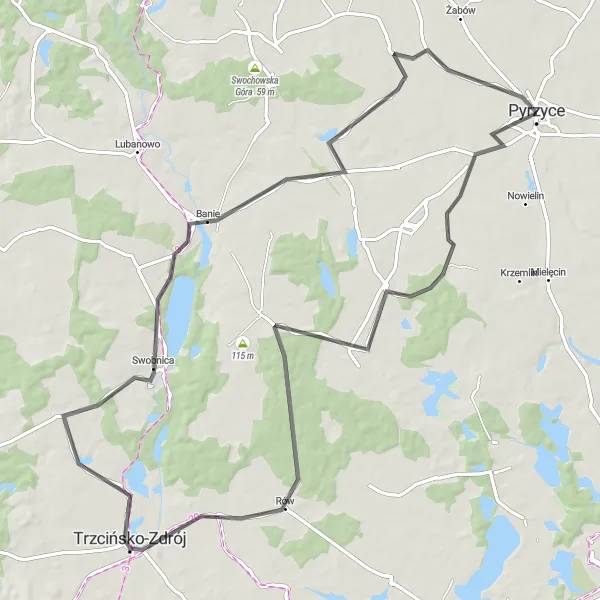 Map miniature of "Pyrzyce to Trzcińsko-Zdrój Loop" cycling inspiration in Zachodniopomorskie, Poland. Generated by Tarmacs.app cycling route planner