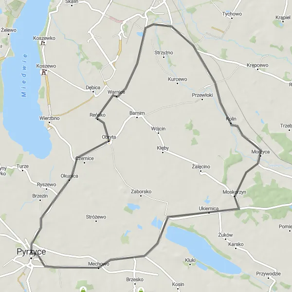 Map miniature of "Pyrzyce to Brzezinka Loop" cycling inspiration in Zachodniopomorskie, Poland. Generated by Tarmacs.app cycling route planner