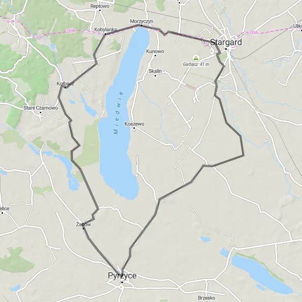 Miniatura mapy "Trasa dookoła Pyrzyc" - trasy rowerowej w Zachodniopomorskie, Poland. Wygenerowane przez planer tras rowerowych Tarmacs.app
