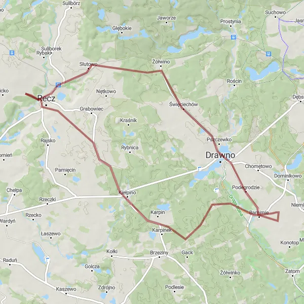 Map miniature of "Drawno Escape" cycling inspiration in Zachodniopomorskie, Poland. Generated by Tarmacs.app cycling route planner