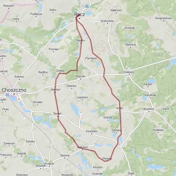 Map miniature of "Tranquility in Żeliszewo and Raduń" cycling inspiration in Zachodniopomorskie, Poland. Generated by Tarmacs.app cycling route planner