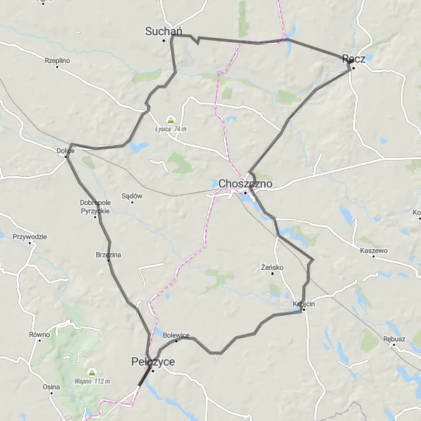 Map miniature of "Choszczno and Dolice Exploration" cycling inspiration in Zachodniopomorskie, Poland. Generated by Tarmacs.app cycling route planner