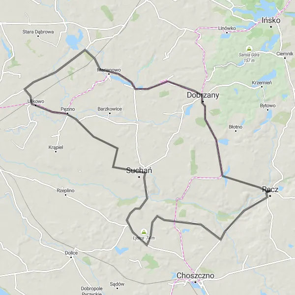 Map miniature of "Radaczewo Loop" cycling inspiration in Zachodniopomorskie, Poland. Generated by Tarmacs.app cycling route planner