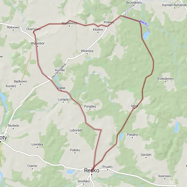 Map miniature of "Resko-Dąbie-Pniewo-Iglice-Resko" cycling inspiration in Zachodniopomorskie, Poland. Generated by Tarmacs.app cycling route planner