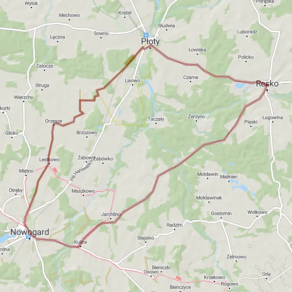 Map miniature of "Resko-Łosośnica-Potuliniec Round Trip" cycling inspiration in Zachodniopomorskie, Poland. Generated by Tarmacs.app cycling route planner
