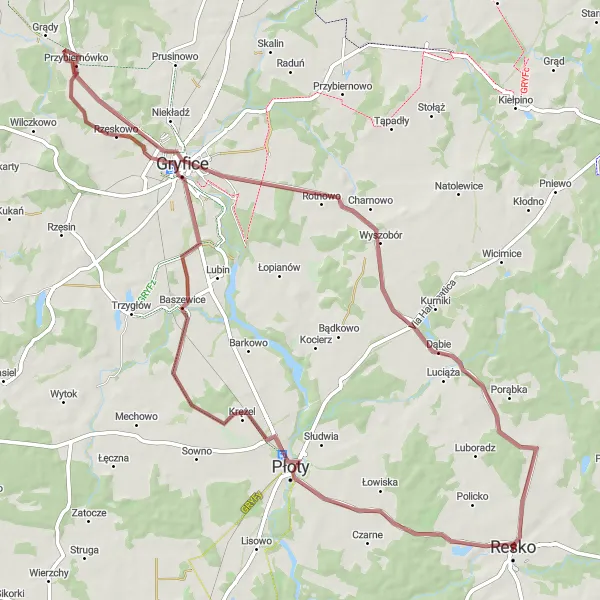 Map miniature of "Resko-Baszewice-Rzęskowo-Dąbie-Resko" cycling inspiration in Zachodniopomorskie, Poland. Generated by Tarmacs.app cycling route planner